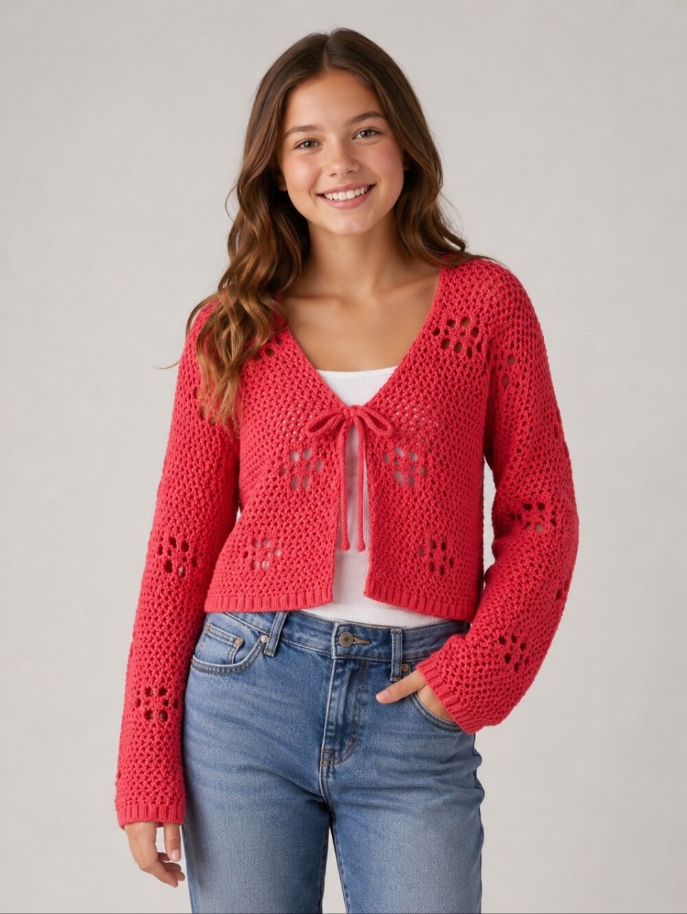Stitch & Pine Girls Coral Crochet Knit Tie Front Cropped Cardigan XL 16 NWT